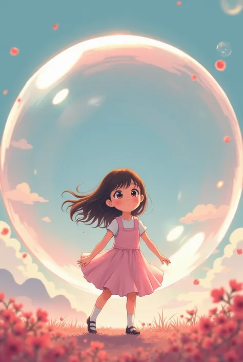 An anime girl in ghibli style art, blowing an extra huge bubble gum that can even block the entire camera angle in full body shot