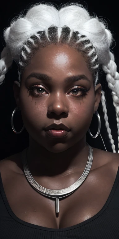 black female, fat woman, best qualityer, work of art,White hair, gold eyes,white  clothes, looking up, trunk,lock of hair,skin fair,Side braids,Beautiful young white-haired woman with piercing red eyes, half smile with full lips, black nails, barbed wires ...