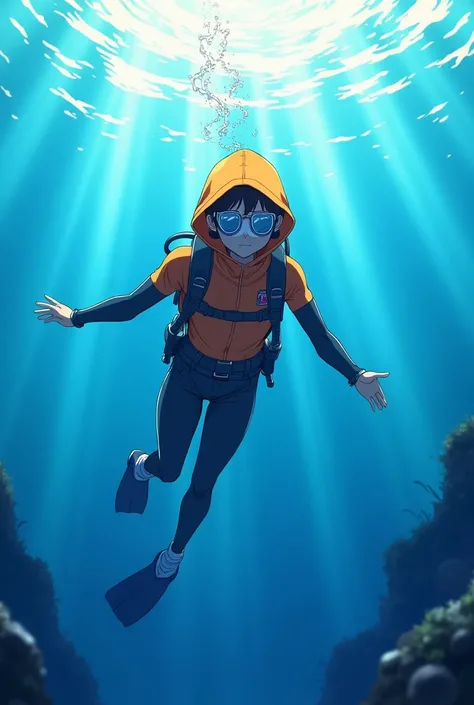 Anime drawing of a diver with an orange hood with black sleeves 