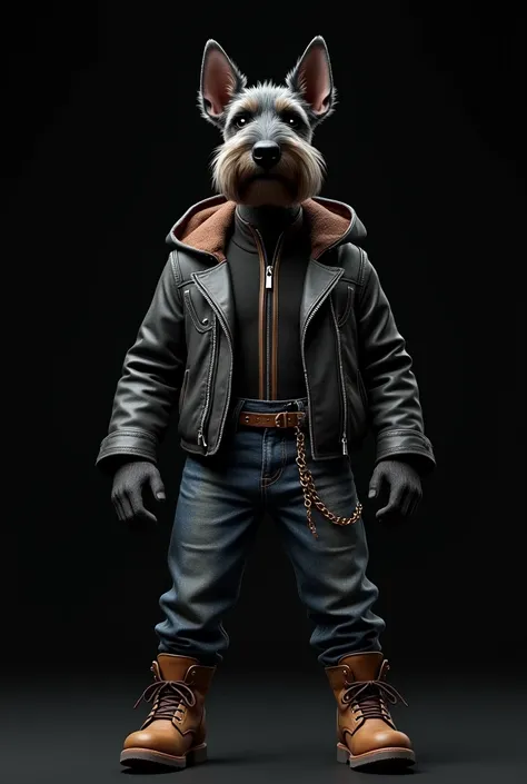 Realistic miniature adult male Schnauzer dog , with black background, with rock style, jeans and leather jacket, coffee boots. Chain on his pants. Ideal for clothing brand logo