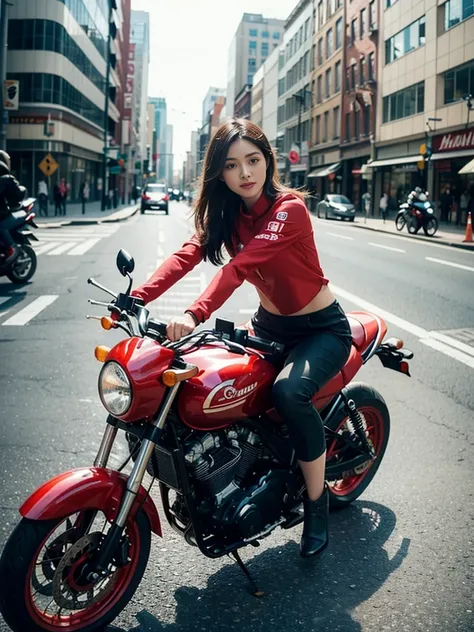 4K footage of a beautiful young woman with many arms, each holding a plate of food, riding a motorbike through a busy street, suggesting a big city. The woman is dressed in a food delivery uniform. This scene conveys a sense of movement and balance despite...