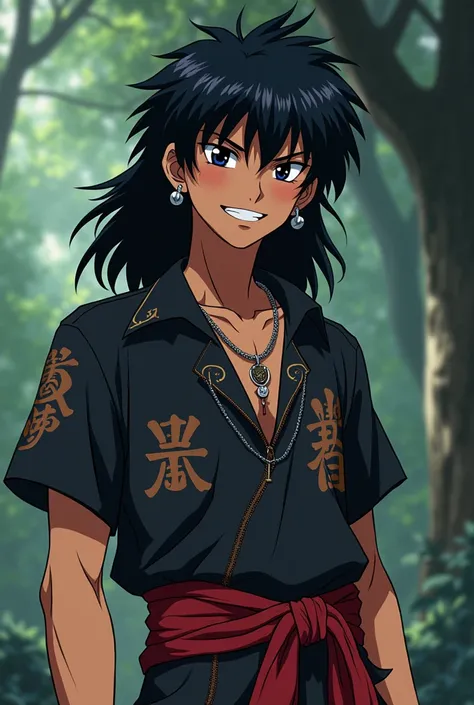 An indigenous boy with shoulder length hair (He has long hair) , black eyes and tall. It&#39;s 2D with features from an old anime called Inuayasha.. He is black, wears ear gauges, has a nose and lip piercing., He has a smirk and looks like he&#39;s 20 year...