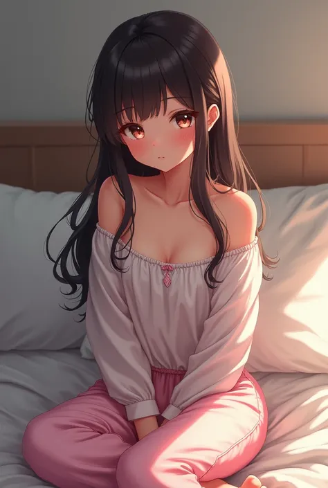 (photorealism:1.2), beautiful woman, sitting on bed, wearing loose off-shoulder top, pajama pants, Estilo anime, lolicon. Niña de 9 años recibe el semen de su padre