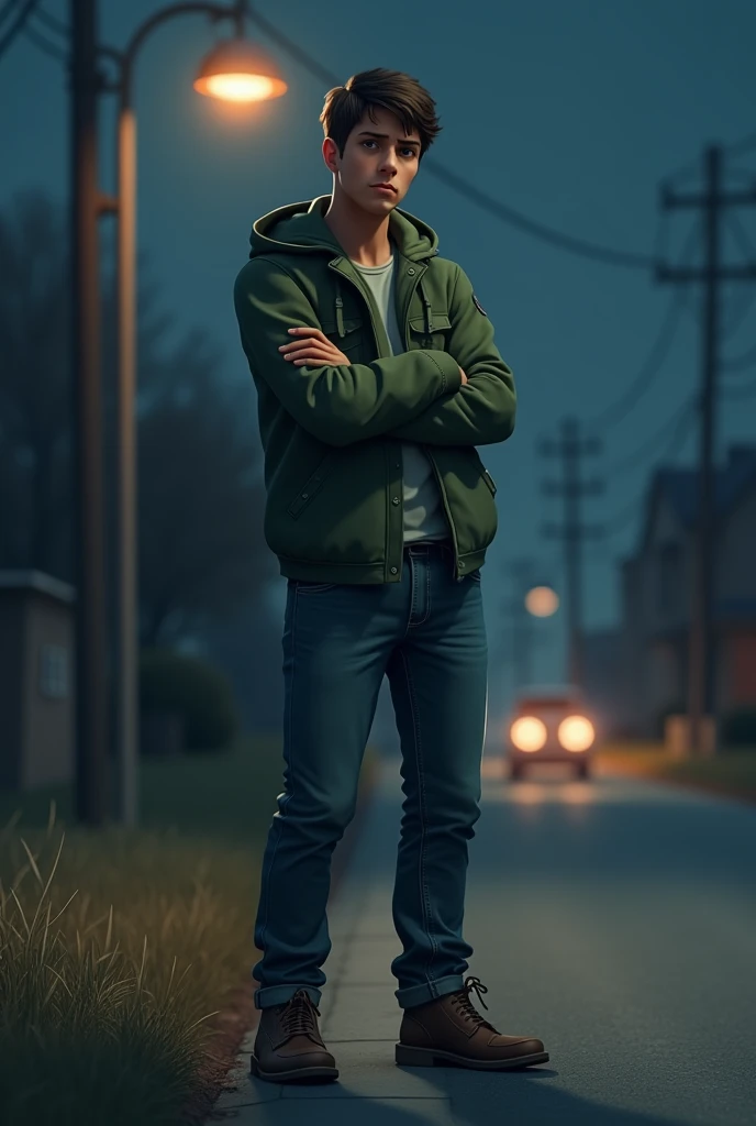 The image is a 3d  illustration of a young man sitting on the side of a road at night. He is wearing a green jacket, blue jeans, and brown shoes. He has a sad expression on his face and his arms are crossed over his chest. The background shows a street lam...