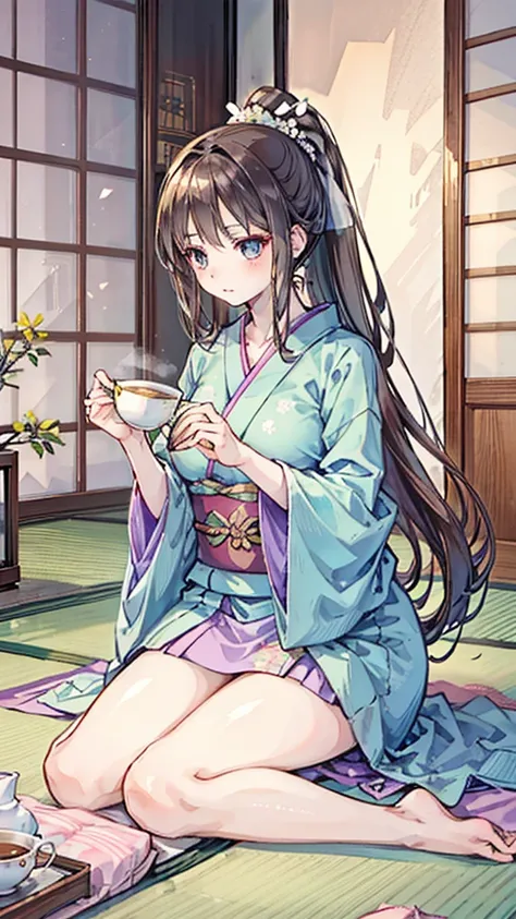 1 woman, high resolution, masterpiece, Best quality, Best quality, Long hair, High Ponytail, Modern light kimono，Kneeling，Tea Ceremony，home，Make tea