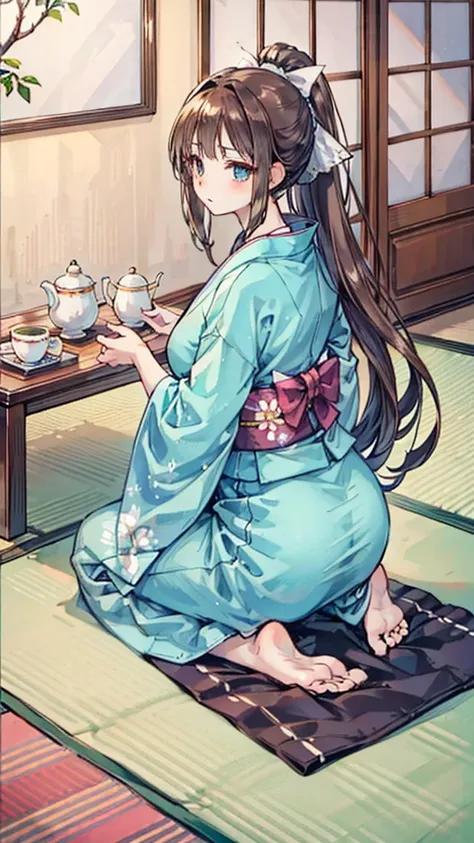 1 woman, high resolution, masterpiece, Best quality, Best quality, Long hair, High Ponytail, Modern light kimono，Kneeling，Tea Ceremony，home，Make tea