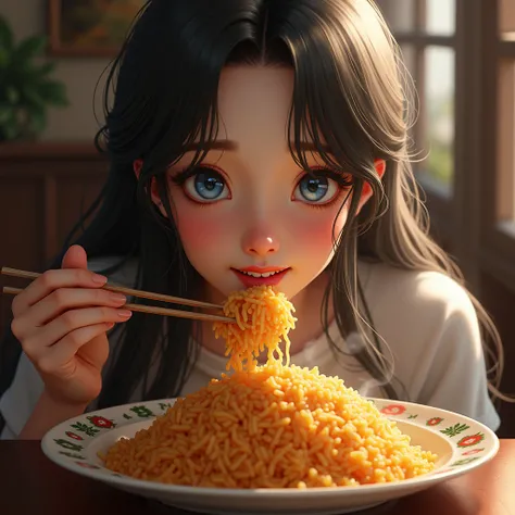 Sexy girl eating Fried rice High Resolution, Long Hair, 1girl, Smile, Blue eyes, Open Mouth, HD, High Details, Quality, High Quality, Super Detailed, UHD, Textured Skin, Accurate, Masterpiece, High Resolution, 