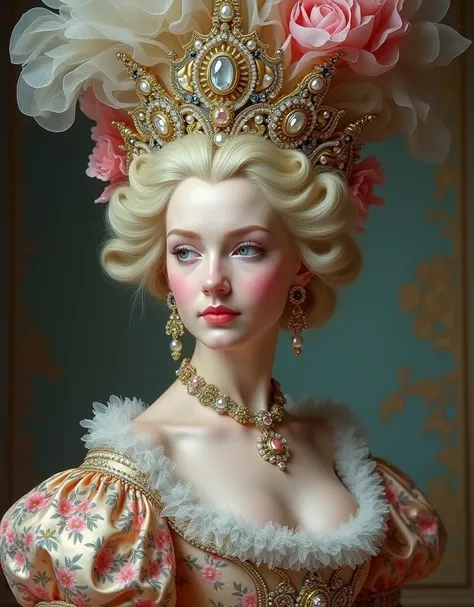 Blonde Marie Antoinette、Dressed in gorgeous rococo costumes、, The gorgeous head dress exudes grandeur and luxury., Adorned with delicate pearls and gorgeous pastel colors, Shiny rhinestone crystal style