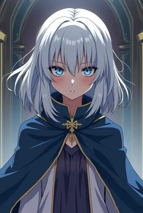 White hair with blue, sky blue eyes, cat&#39;s pupil, young girl, anime drawing, simple royal costume closed that does not reveal parts of the body, royal cloak, does not have cat ears, throne room background, dangerous, serious, beautiful, strong build, m...