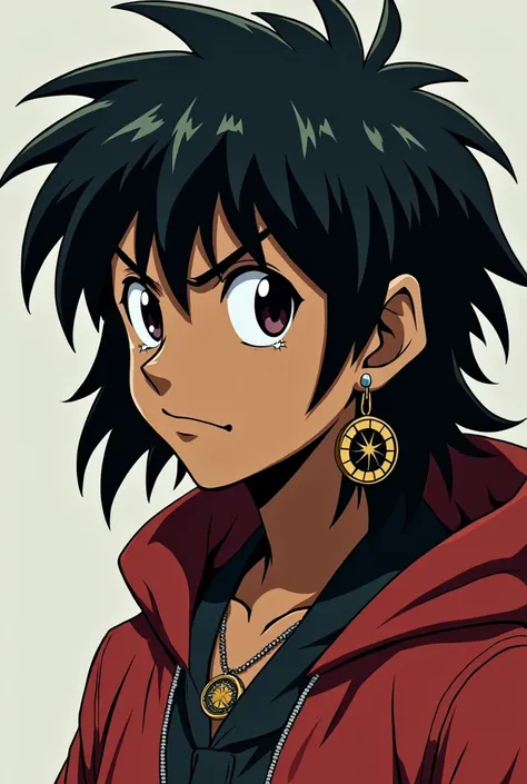 An indigenous boy with shoulder length hair (He has long hair) , black eyes and tall. It&#39;s 2D with features from an old anime called Inuayasha.. He is black, wears ear gauges, has a nose and lip piercing., He has a smirk and looks like he&#39;s 20 year...