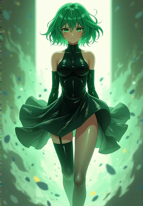 Tatsumaki with short green hair, wearing sexy black clothes and short legs, floating in the air.