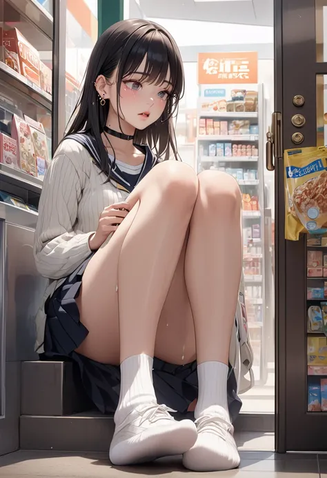 Browsing Caution,(masterpiece, Highest quality, so beautiful, Very detailed), Intricate details, ear piercing, Barbell Piercing, Black choker, Browsing Caution, 日本人high school girl.White ribbed ankle socks.Socks commercial.high school girl.Convenience stor...