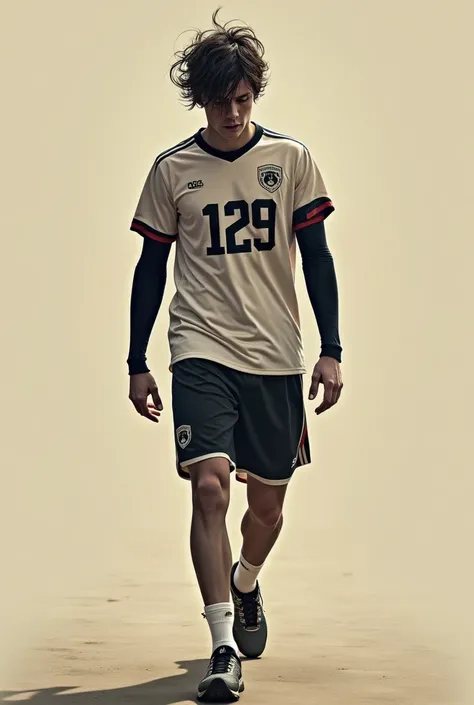 a young man with unruly hair walking forward with his gaze down, attitude of depression, with a sports shirt with the number 129 with the design of "Black jackals",Sport short, tenis asics, black compression sleeves, light brown test