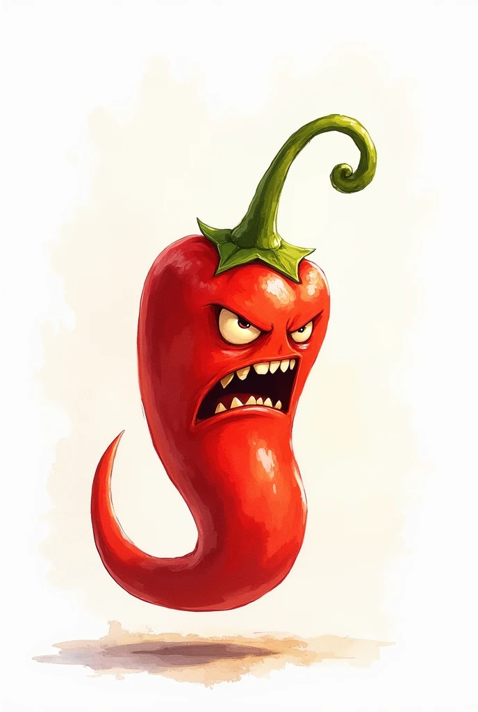 An animated watercolor illustration of an angry pointed-tailed chili pepper 。
