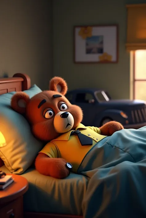 cinematic 3d style,, cinematic 3d style,,Charector B;A cartoon bear bholu character, with a large round face large eyes, expression scary ,The bear is dressed in a yellow shirt, blue pants,and black Tai, hand in watch.
Charector C; black car.
Action;Bolo B...