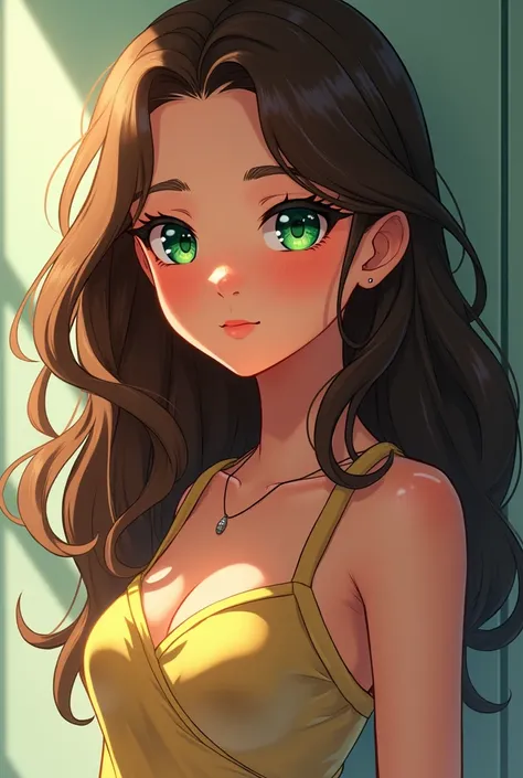 Very beautiful and attractive girl, with long, slightly curly brown hair that reaches her waist and emerald green eyes. She is 1.50m tall and 1, has fair skin and is hyperactive, she is Brazilian and she anime. 