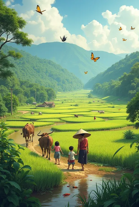 Thai farmers, rice field view, countryside, with livestock, cows, buffalo, ducks, chickens, marshes, fish, abundant nature, and farmers farming rice and children running around chasing butterflies happily.