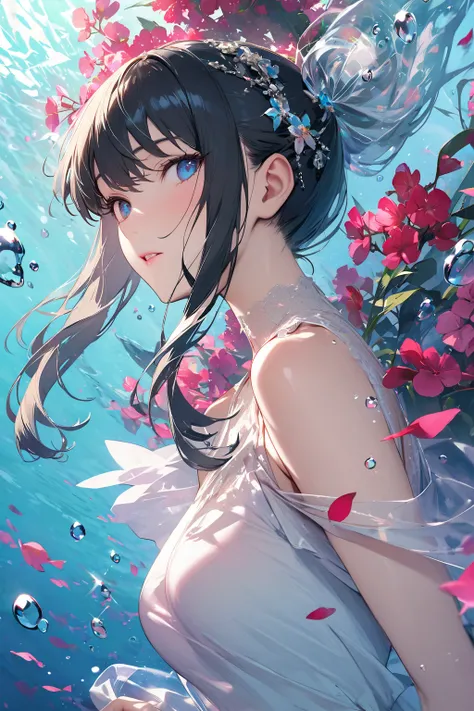 A beautiful woman,underwater,ethereal beauty,light color,(beautiful and pure blue background:1.2),black hair,maturity,attractive,perfect figure,(solo:1.2),(highest quality,extremely clear,masterpiece:1.2),
