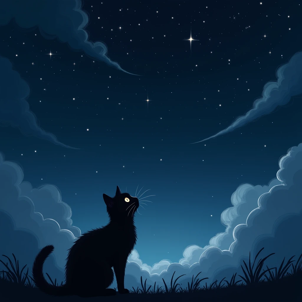 create a cloudy night sky and stars with the shadow of a cat looking up at the sky


