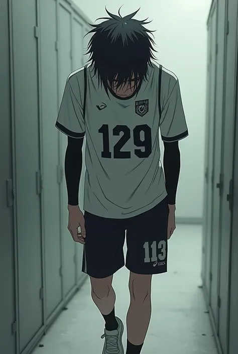 a young man with unruly hair while covering his face,
walking forward with your eyes down, attitude of depression, with a sports shirt with the number 129 with the design of "Black jackals" de haikyuu ,Sport short, tenis asics, black compression sleeves, l...