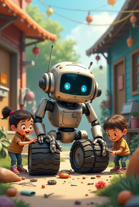 a robot where he is helped by several  children to fix his wheels

