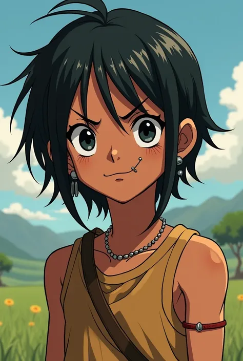 An indigenous boy with shoulder length hair (He has long hair) , black eyes and tall. It is 2D with features of an old anime called where piece. He has black skin tone, wears ear gauges, has a nose and lip piercing, He has a smirk and looks like he&#39;s 2...