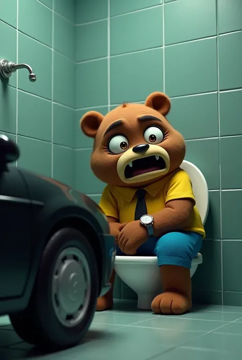 cinematic 3d style,, cinematic 3d style,,Charector B;A cartoon bear bholu character, with a large round face large eyes, expression scary ,The bear is dressed in a yellow shirt, blue pants,and black Tai, hand in watch.
Charector C; black car.
Action;Sittin...