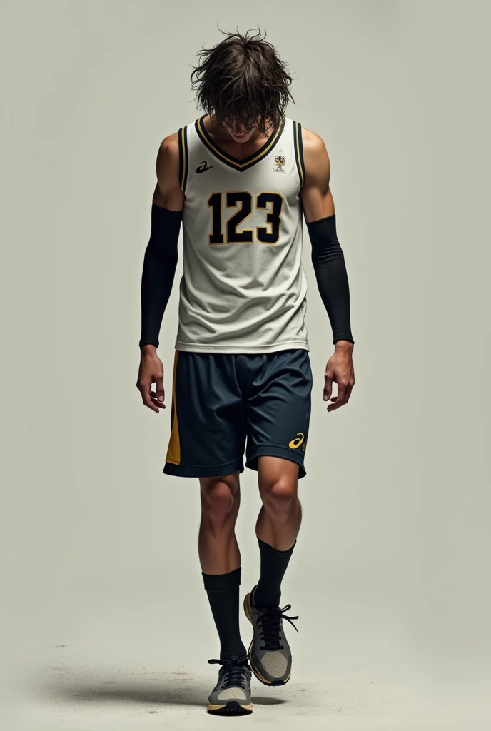 a young man with unruly hair while covering his face,
walking forward with your eyes down, attitude of depression, with a sports shirt with the number 129 in black with gold edges ,Sport short, tenis asics, black compression sleeves, light brown test