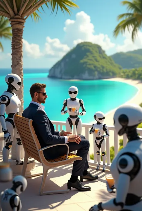 Draw me a man sitting on on bench, relaxing while looking a view of beach from a terrace, the beach is an island that is beatiful, theres are different kinds of robot serving the man and the man is wealthy,handsome, idol, and dream of all girl