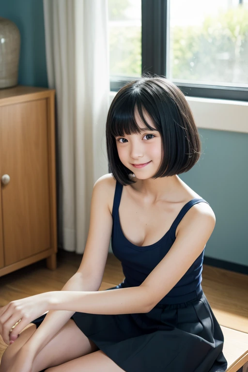 One Girl,summer,Inside the room,Sit on a chair,Black Hair,short hair,Dark blue tank top,skirt,smile,6th grade elementary school,Innocent,front,delicate,Look at this,transparent, Soft Light,(masterpiece, Highest quality), Structure of the film, Like in the ...