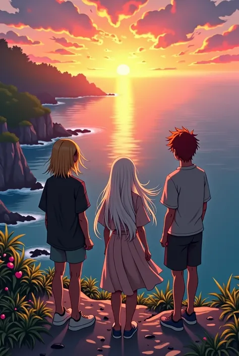 Draw three people with their backs turned looking at a horizon at sunset, looking across to another continent with lots of trees, separator by the sea, They are standing on the edge of a cliff. One of them is a blonde haired feminine man with shoulder leng...