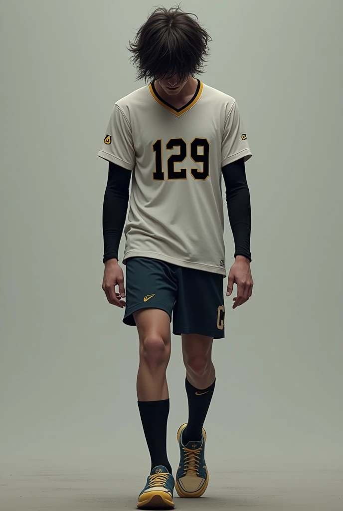 a young man with unruly hair while covering his face,
walking forward with your eyes down, attitude of depression, with a sports shirt with the number 129 in black with gold edges ,Sport short, tenis asics, black compression sleeves, light brown test