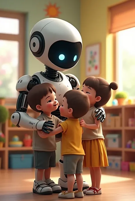 A robot giving a hug of gratitude to  children in kindergarten

