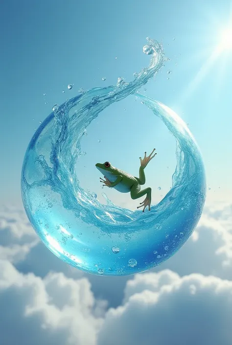 A floating mass of water，Shiny and shiny，As bouncy as a flying balloon，The water mass is flying in the sky，A frog swimming in a mass of water，high resolution，Real