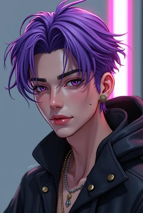 Stylish character purple hair young man