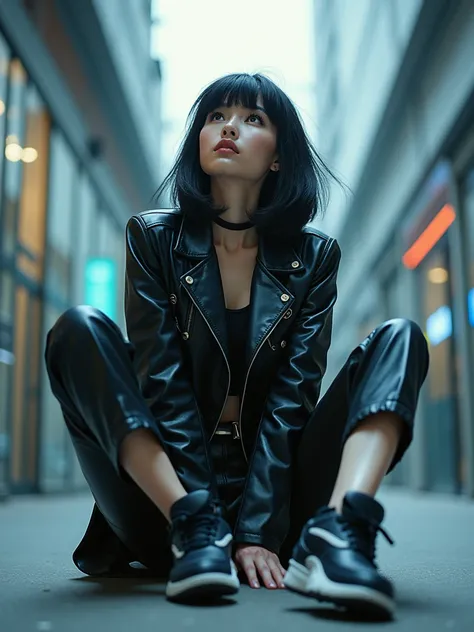 Angle from below, Japanese woman, girly hair, black hair, blurred background, blur, chromatic aberration, knee high, upward glance, motion blur, Photo_Curly, cyaan white black leather future outfit, real, high-tech sneakers, short pants, sitting with legs ...