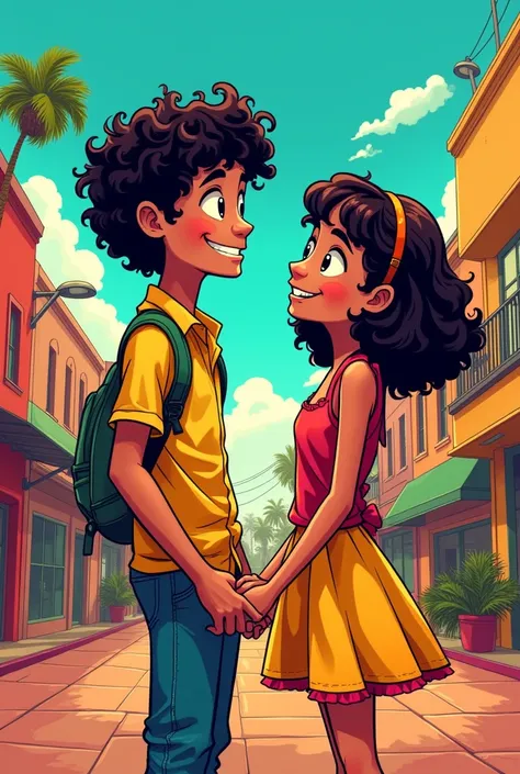 Scott pilgrim stle but with a Mexican curly head boy and a Mexican curly haired girl with bangs