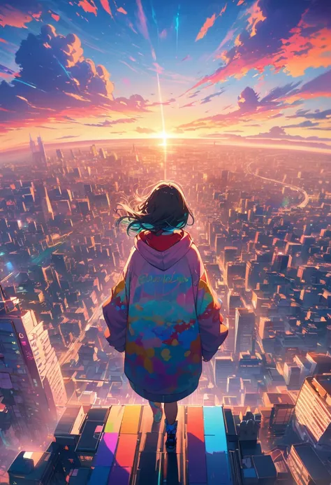 angelic, detailed woman who is walking, woman wearing hoodie, highest billding in city, road, sunrise, horizon, skyline, in the sky, city of clouds, colorful, high-res, 8K