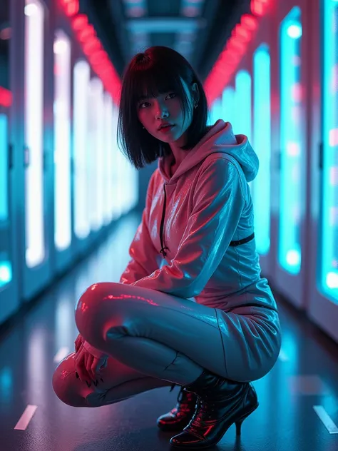 Angle from below, Japanese woman, pretty face, short cut hair, bangs, black hair, bangs, blurred background, blur, background is future high-tech server room neon, chromatic aberration, knee high, looking up, motion blur, Photo_Curly, future robot armor ho...