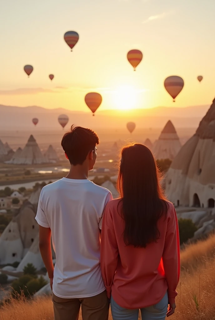 make a photo of a young Asian couple with white skin on vacation wearing casual clothes with a Cappadocia landscape background,Colorful hot air balloons and beautiful sunset. Picture taken using a Canon DSLR 500 camera.