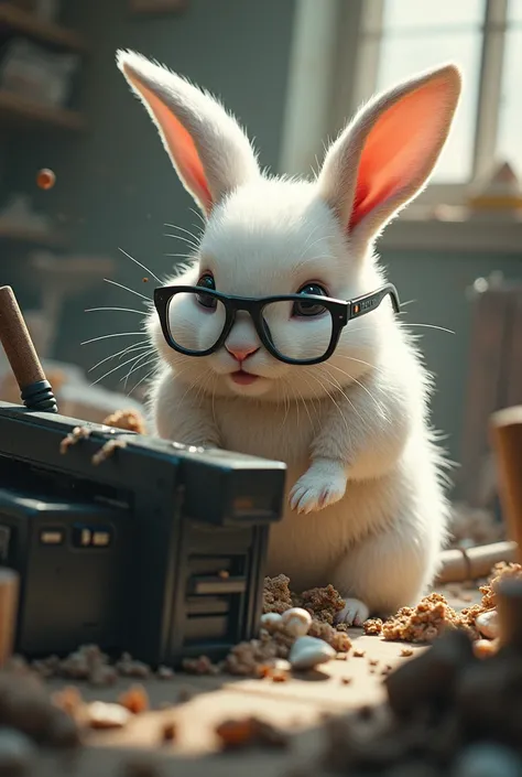 A white hare with glasses fighting with a printer Let it be a tough fight 