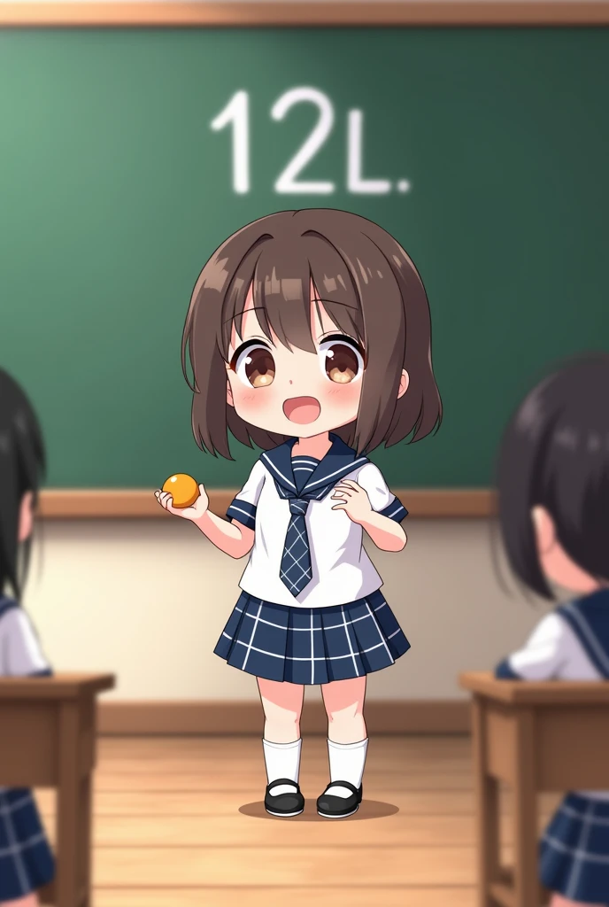 Chibi school girl in uniform ( White shirt, white shirt collar with navy blue trim; navy blue white striped women&#39;s tie; knee length dress, navy blue white plaid dress; wear white ankle socks; wear doll shoes). The girl standing in the classroom, and s...