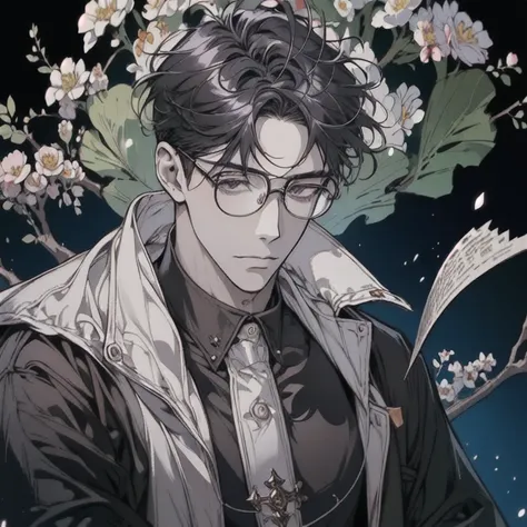 masterpiece, best quality, high quality, Extremely detailed CG unity 8k wallpaper, Handsome boy，Black hair，Glasses，Gentle, kind, determined, persistent, musically gifted, wandering/adventure，best quality, High target_solve, clearly_image, Detailed backgrou...