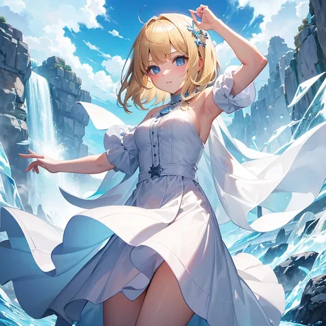 1 young girl, blonde, fringe, by the wide, White dress, ice power