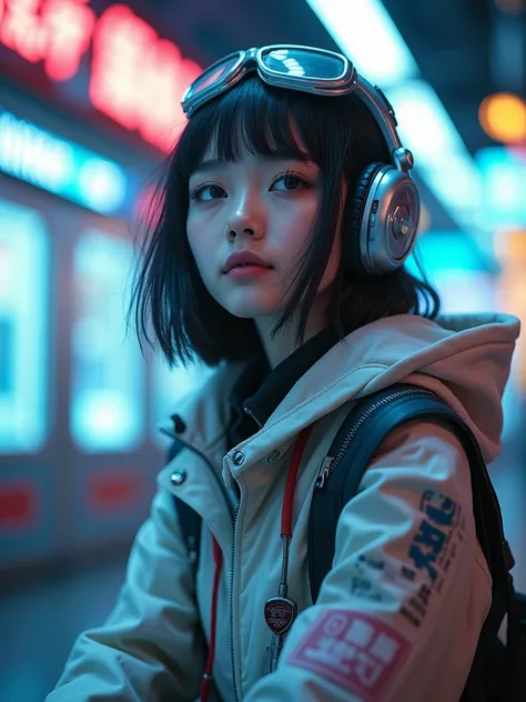 Angle from below, Japanese woman, pretty face, short cut hair, bangs, black hair, bangs, blurred background, blur, background is future high-tech amusement room, chromatic aberration, knee high, looking up, motion blur, Photo_Curly, future robot armor hood...