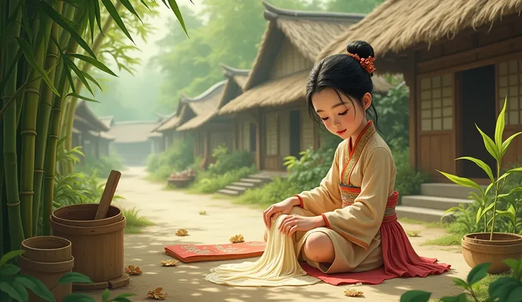 A beautiful asian village girl with traditional asian outfit working hard and make paper from bamboo 