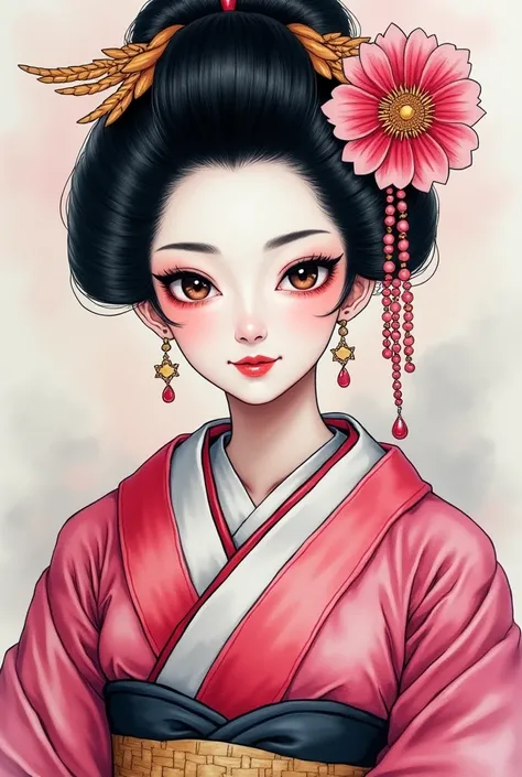 A beautiful Japanese oiran, dressed in traditional attire with a striking contrast of pink and black colors. The composition is focused on the upper body and face in a close-up, viewed from a frontal angle. The style is watercolor, featuring soft, blurred ...