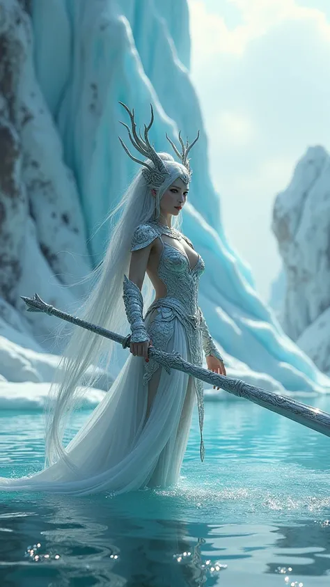 iceberg,pool,Gorgeous oriental dragon girl,Dragon horn headdress,,Long silver hair,Big breasts,Wear silver dragon scale armor,Hold the handle of the knife in your hand,The blade is long and wide,It&#39;s like the beginning of the world,Armor fluorescent fl...