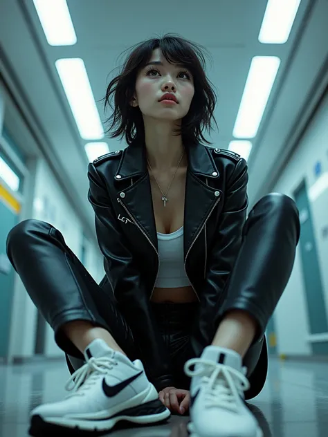 Angle from below, Japanese woman, girly hair, black hair, blurred background, blur, chromatic aberration, knee high, upward glance, motion blur, Photo_Curly, cyaan white black leather future outfit, real, high-tech sneakers, short pants, sitting with legs ...