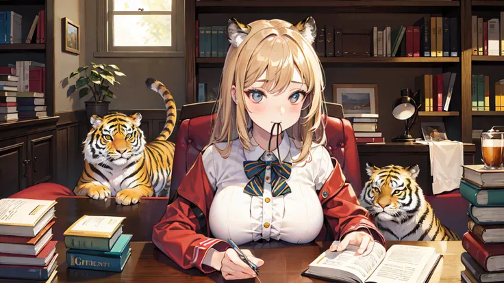 woman having big tits, tiger with a clear and detailed face having realistic eyes and mouth, aniaml, doll, cute, small, one room, warm, studying, books, coffee